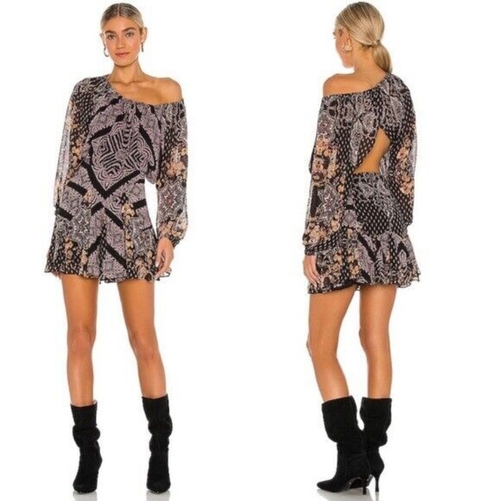 FREE PEOPLE Cottage Coquette Mini Dress in Black Combo Cutout Back Flowy Boho M - Picture 1 of 11